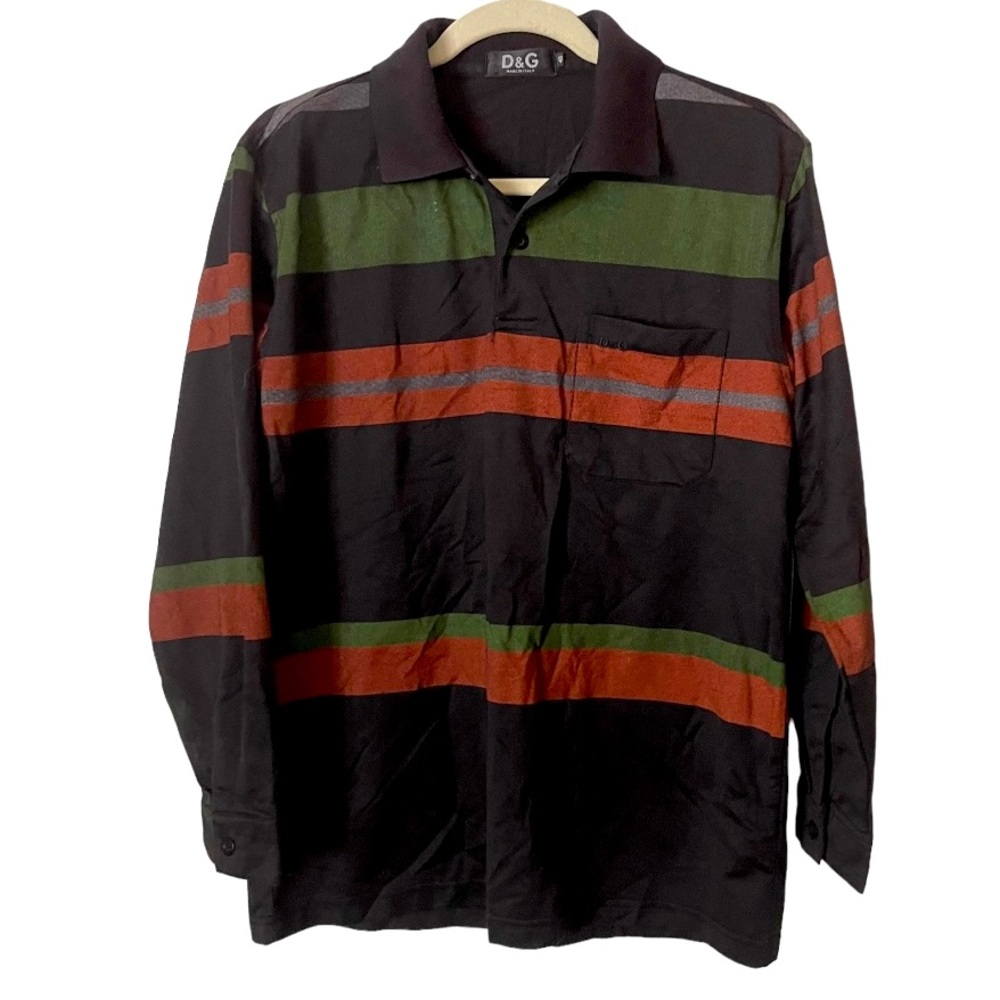 D&G‎ Rugby Style Black Collared Shirt with Green and Red Stripes 48